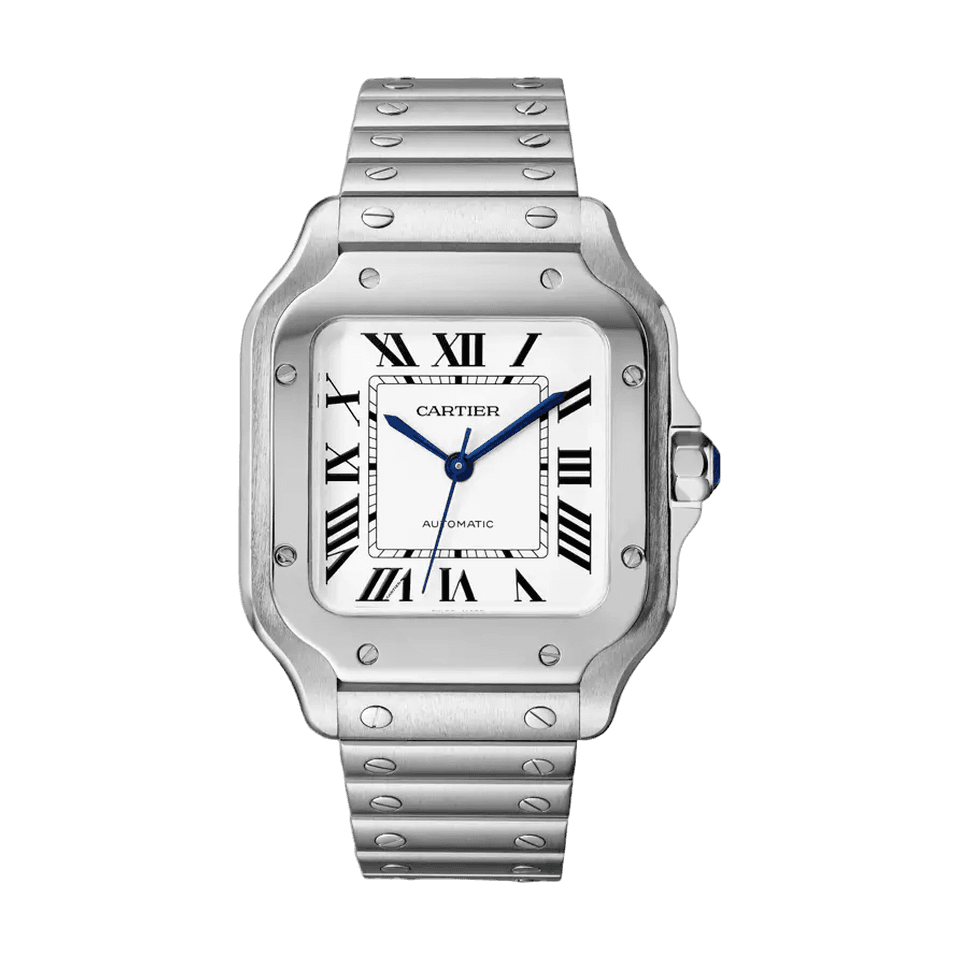 Cartier Santos de Cartier medium watch with a silvered dial, blue hands, and steel bracelet