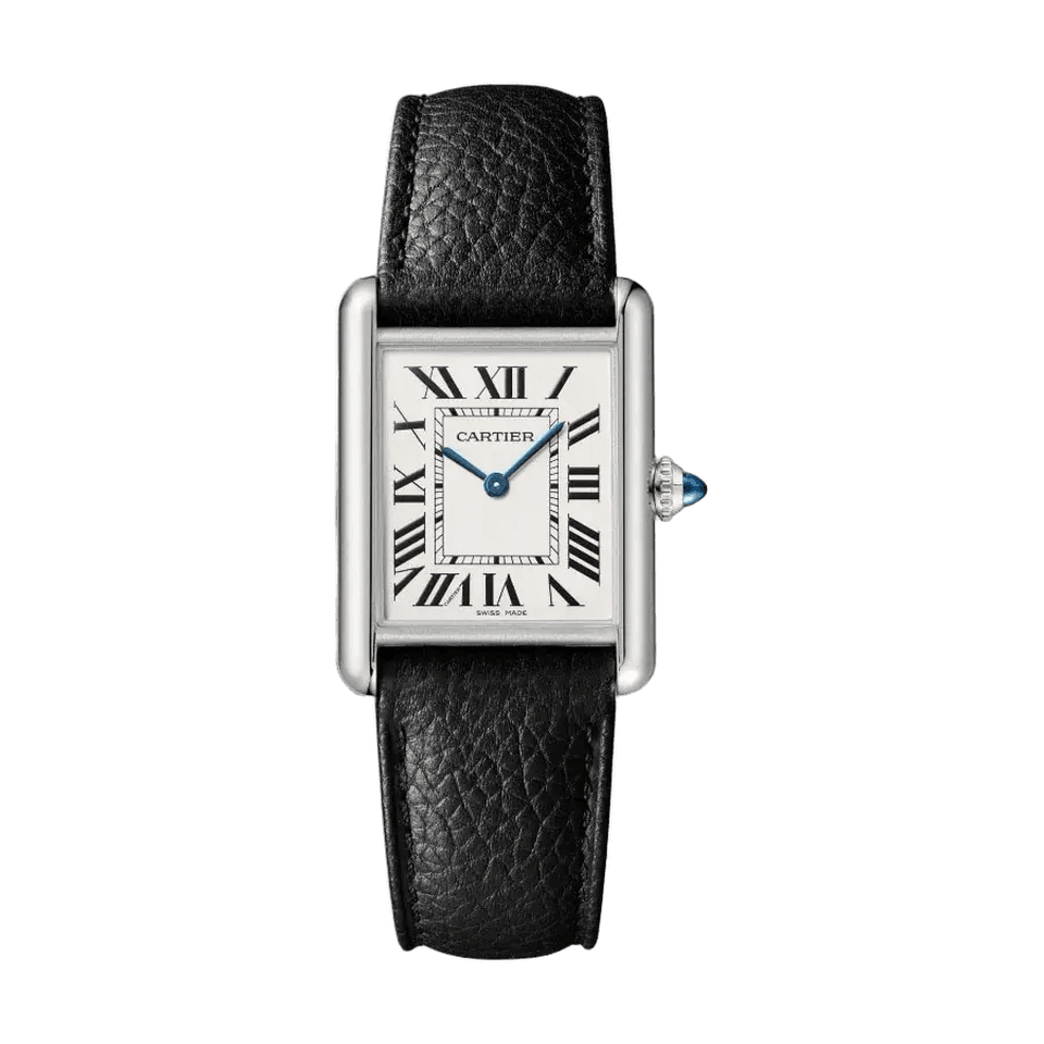 Cartier Tank Must Large with a silver dial and black leather strap