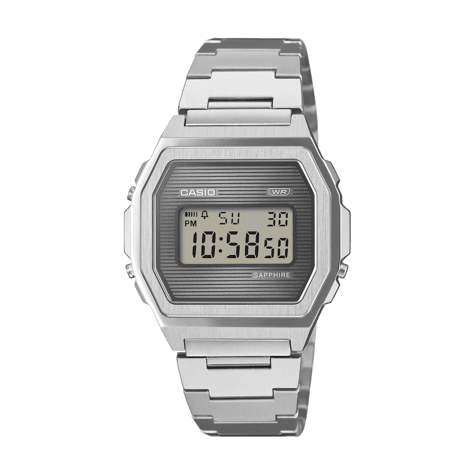 Casio A1000SP-7 silver digital watch with a textured grey dial, sapphire crystal, and stainless steel bracelet.