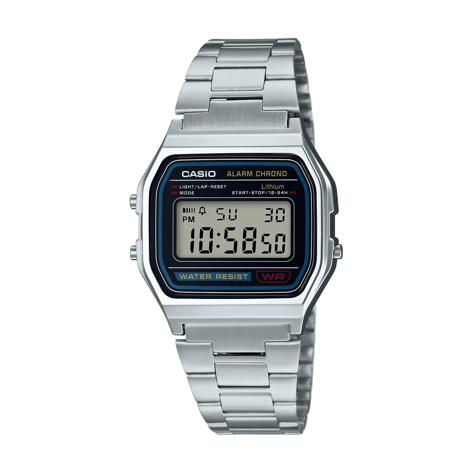 Casio A158WA-1 silver digital watch with a stainless steel bracelet and rectangular black dial.