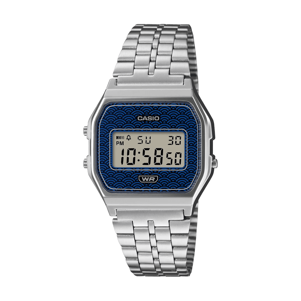 Casio A159WEVJ-2 silver digital watch with a blue wave-pattern dial and stainless steel bracelet.
