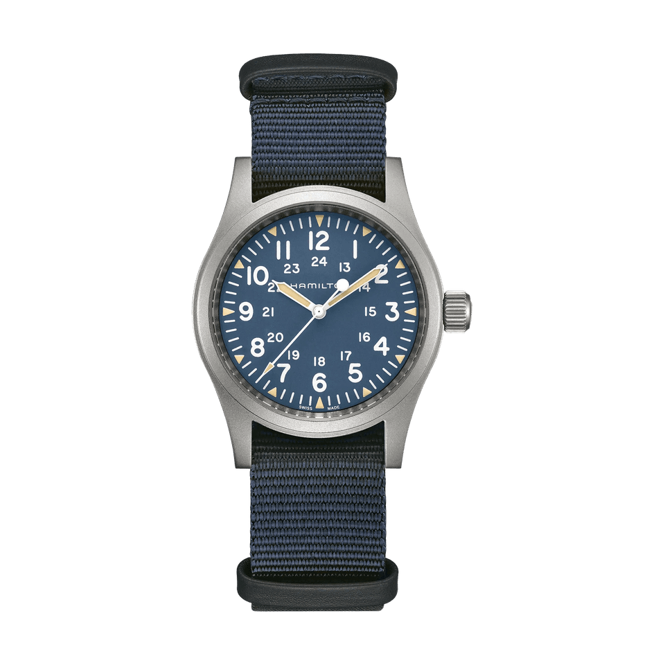 Hamilton Khaki Field Mechanical watch with a blue dial and navy textile strap