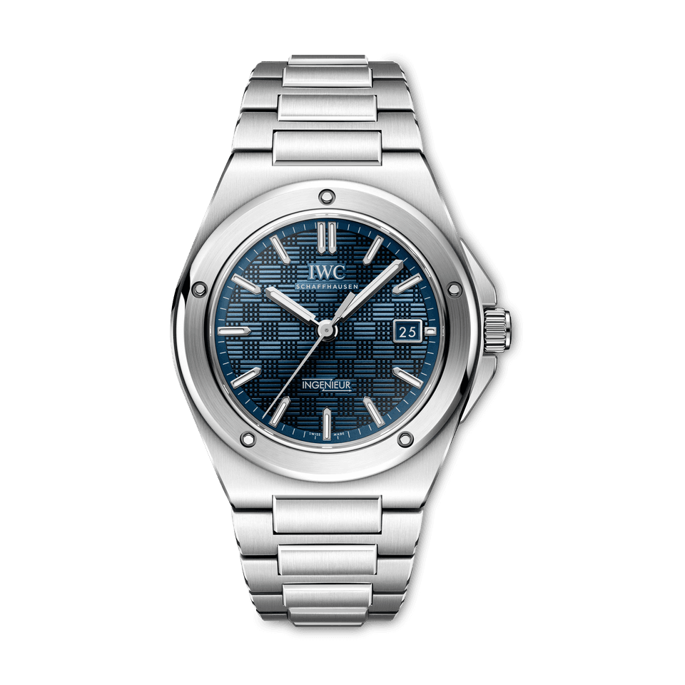 IWC Ingenieur Automatic 40 with a blue grid-pattern dial and stainless steel bracelet