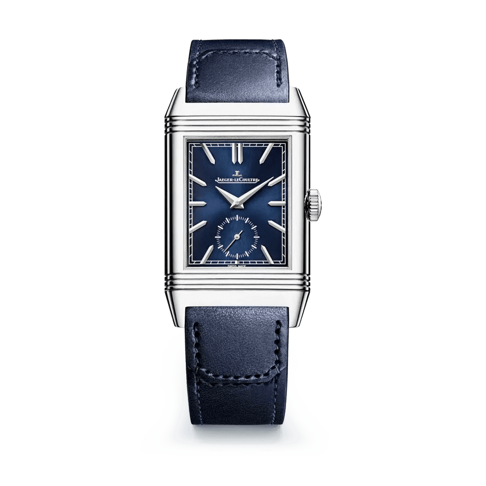 Jaeger-LeCoultre Reverso Tribute Duoface Small Seconds with a blue dial and blue leather strap