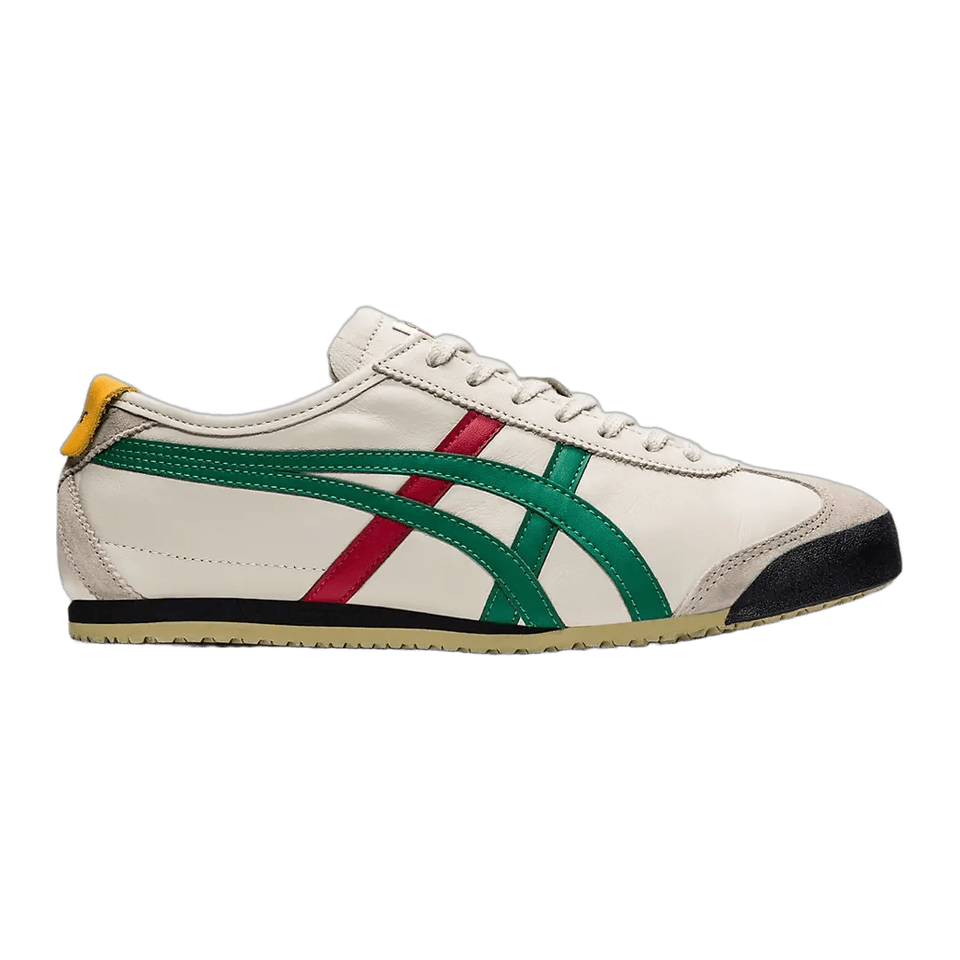 Right-facing Onitsuka Tiger Mexico 66 sneaker in birch with green stripes, red accents, a yellow heel tab, and a black toe bumper