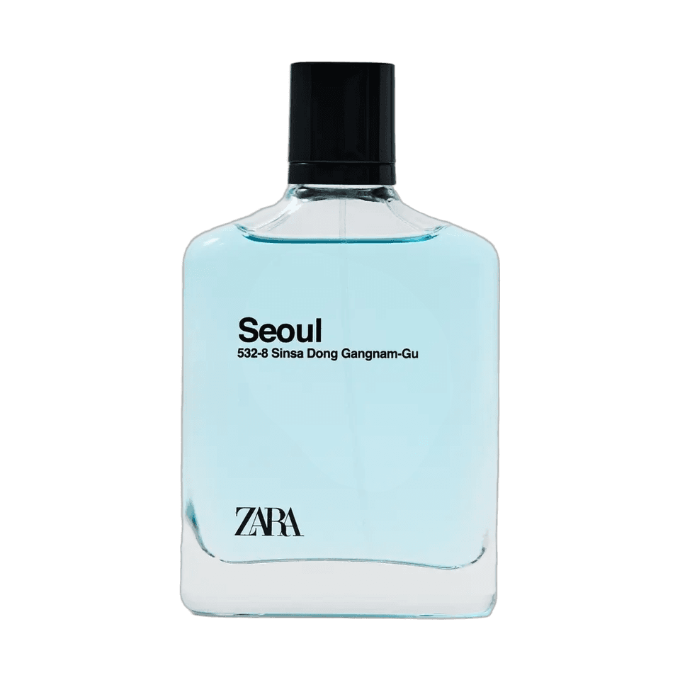 Zara Seoul 532-8 Sinsa Dong Gangnam-Gu Eau de Toilette bottle with pale blue fragrance and a black cap