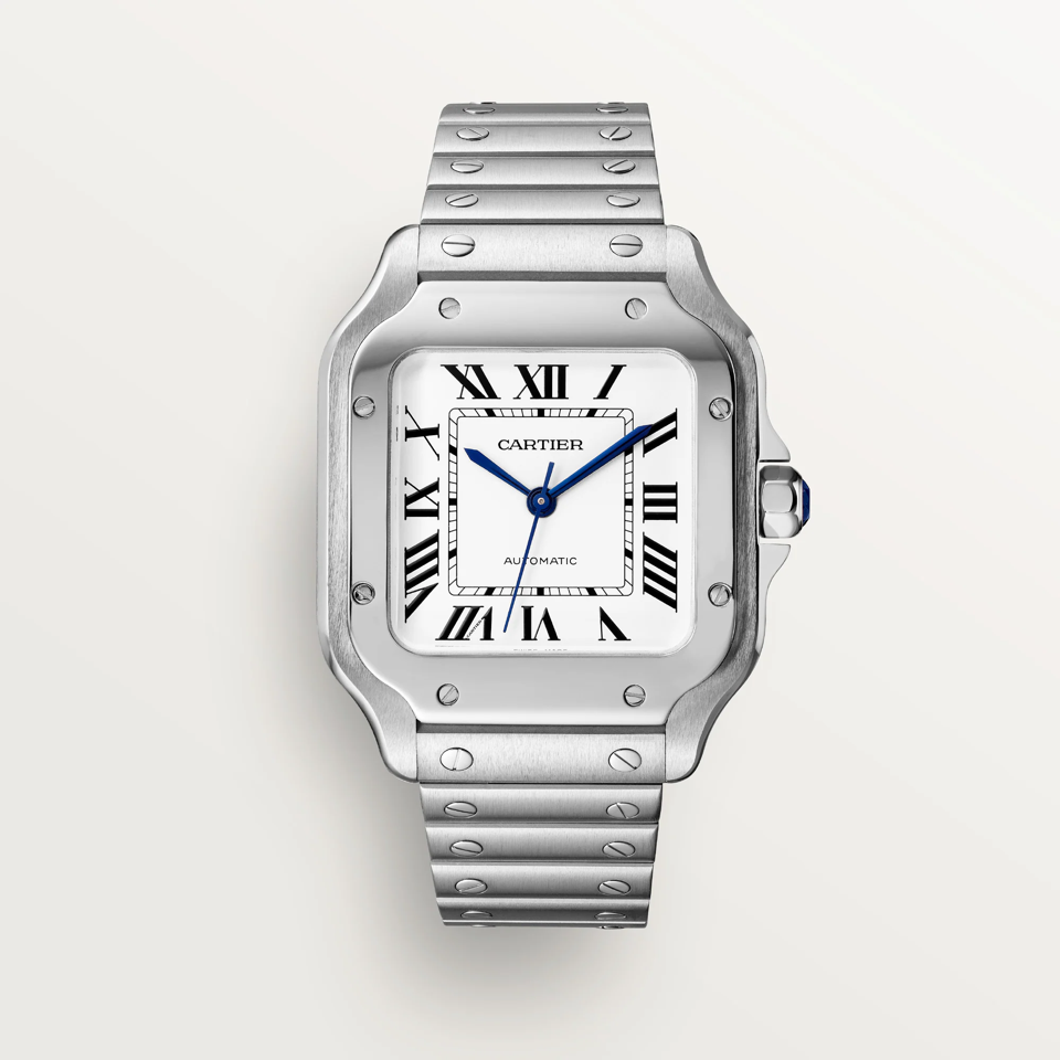Cartier Santos de Cartier medium watch with a silvered dial, blue hands, and steel bracelet