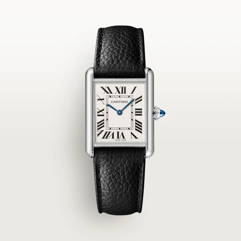 Cartier Tank Must Large with a silver dial and black leather strap