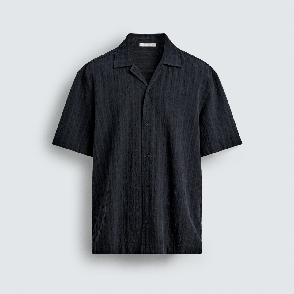 Charcoal grey Zara regular fit short-sleeved shirt with a textured finish and button front