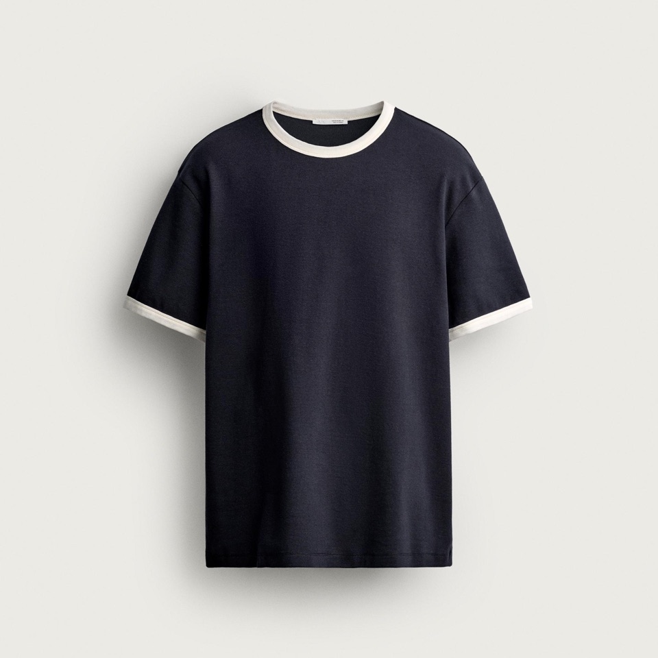 Navy blue Zara ringer T-shirt with contrast ribbed trims