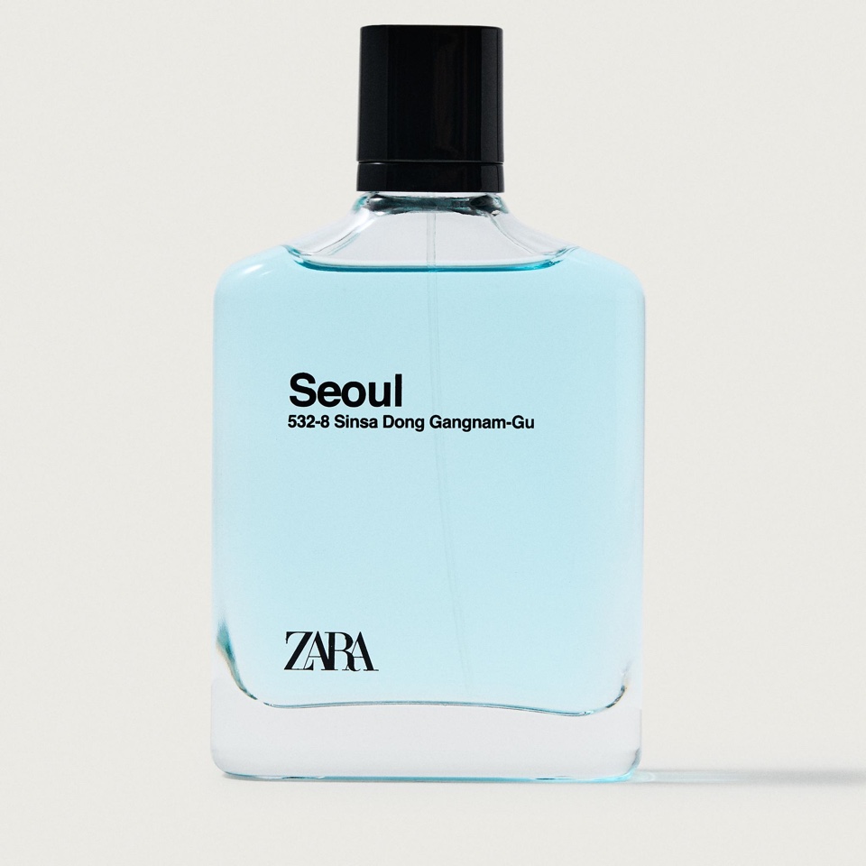 Zara Seoul 532-8 Sinsa Dong Gangnam-Gu Eau de Toilette bottle with pale blue fragrance and a black cap
