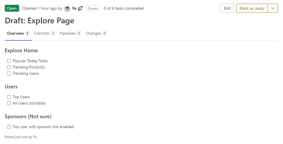 A merge request for the Explore page